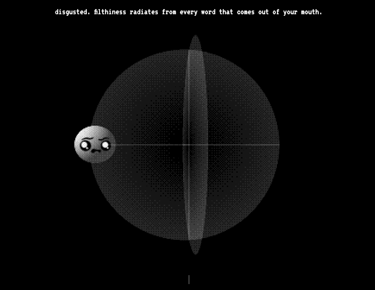 A draggable sphere UI in 3D space, saying "Disgusted. Filthiness radiates from every word that comes out of your mouth".