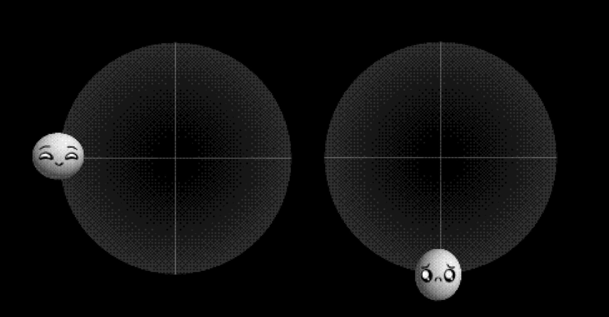 Two grayscale spheres, each plotted against a dark background with faint grid lines forming coordinate axes. The left sphere sits on the horizontal axis and shows a happy, content face. The right sphere rests on the bottom of the vertical axis and shows a sad, teary face. Both spheres appear as points within circular grids, suggesting positions in an emotional coordinate system.